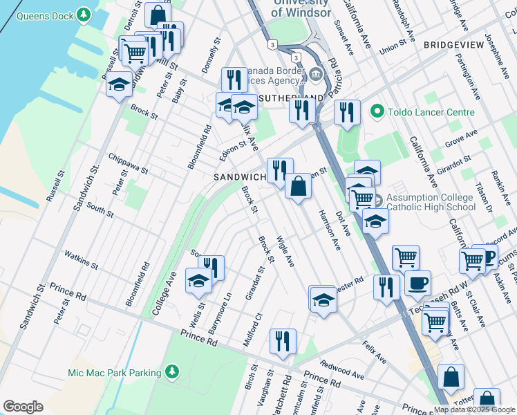 map of restaurants, bars, coffee shops, grocery stores, and more near 1006 Brock Street in Windsor