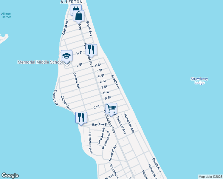 map of restaurants, bars, coffee shops, grocery stores, and more near 69 F Street in Hull