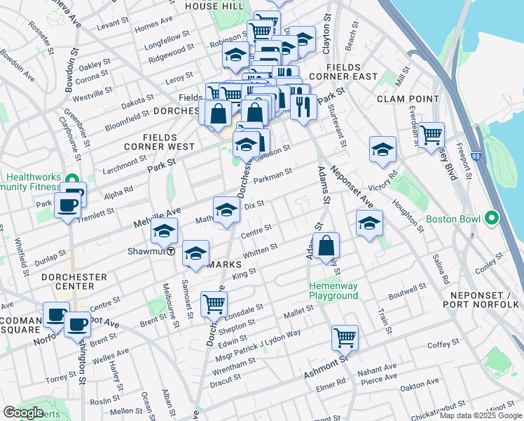 map of restaurants, bars, coffee shops, grocery stores, and more near 48 Dix Street in Boston