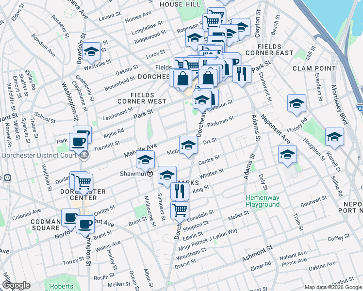 map of restaurants, bars, coffee shops, grocery stores, and more near 6 Silloway Street in Boston