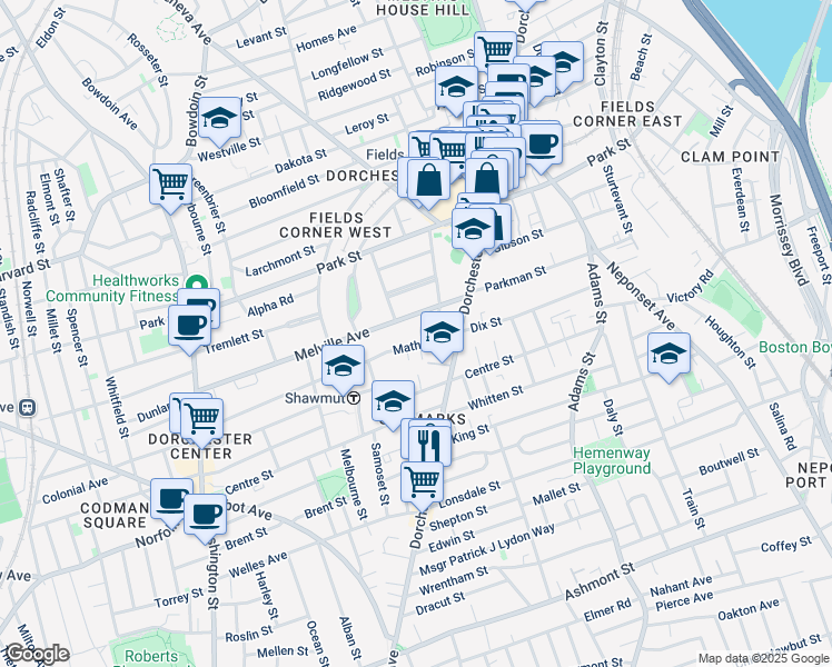 map of restaurants, bars, coffee shops, grocery stores, and more near 100 Melville Avenue in Boston