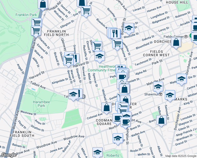 map of restaurants, bars, coffee shops, grocery stores, and more near 8 Thane Street in Boston