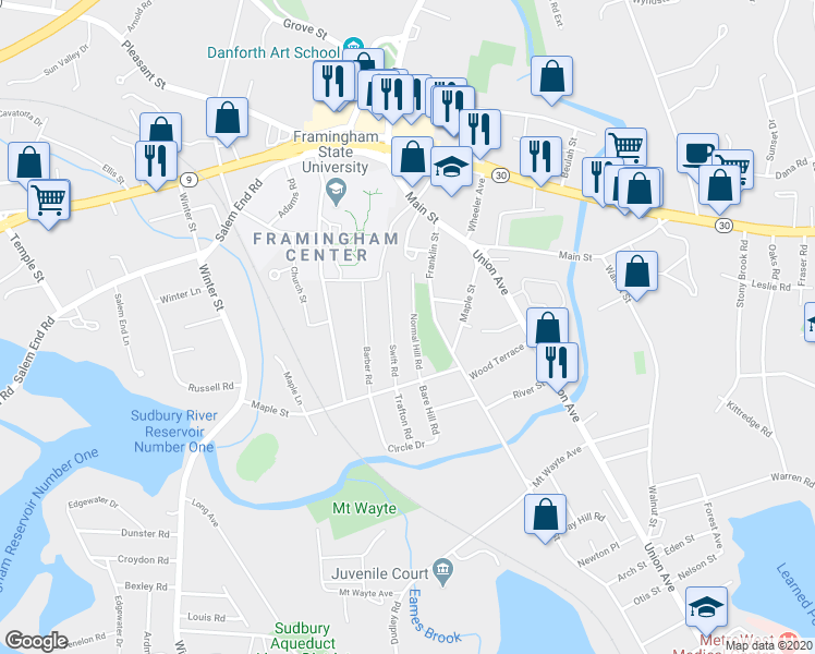 map of restaurants, bars, coffee shops, grocery stores, and more near 54 Swift Road in Framingham