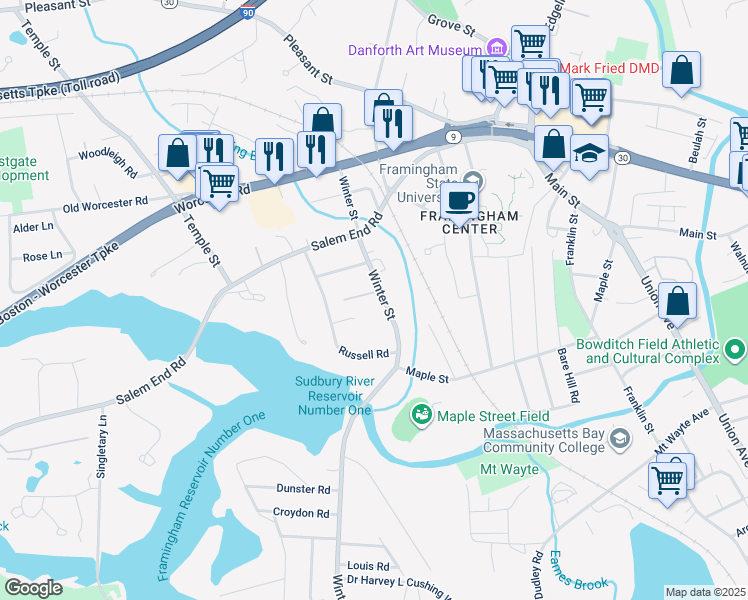 map of restaurants, bars, coffee shops, grocery stores, and more near 3 Winter Terrace in Framingham
