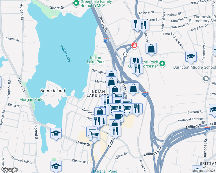 map of restaurants, bars, coffee shops, grocery stores, and more near 3 Merrill Road in Worcester