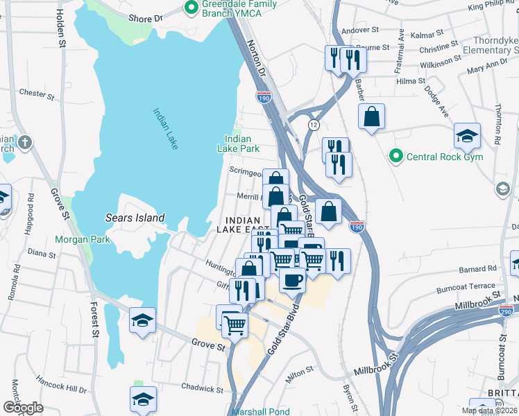 map of restaurants, bars, coffee shops, grocery stores, and more near 3 Merrill Road in Worcester