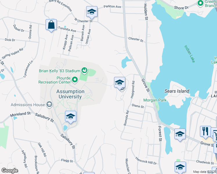 map of restaurants, bars, coffee shops, grocery stores, and more near 54 Nelson Place in Worcester