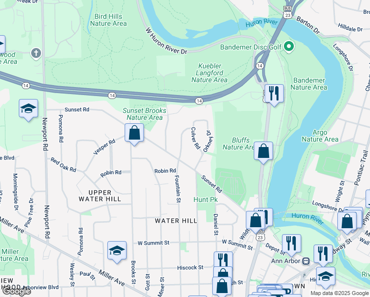 map of restaurants, bars, coffee shops, grocery stores, and more near 1314 Fountain Street in Ann Arbor