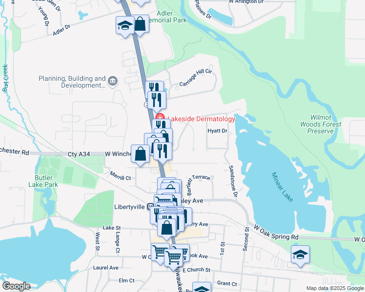 map of restaurants, bars, coffee shops, grocery stores, and more near 133 East Winchester Road in Libertyville