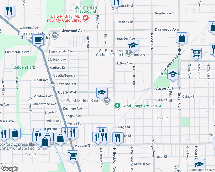 map of restaurants, bars, coffee shops, grocery stores, and more near 2202 North Rockton Avenue in Rockford