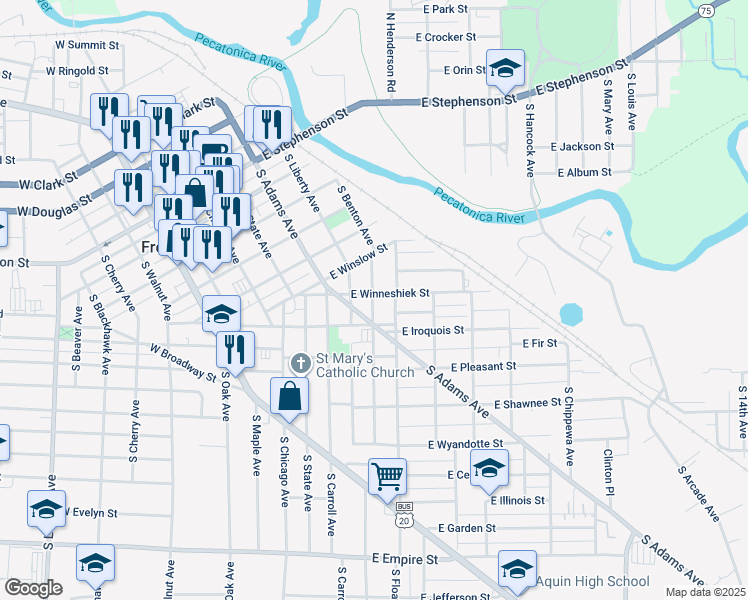map of restaurants, bars, coffee shops, grocery stores, and more near 456 South Benton Avenue in Freeport