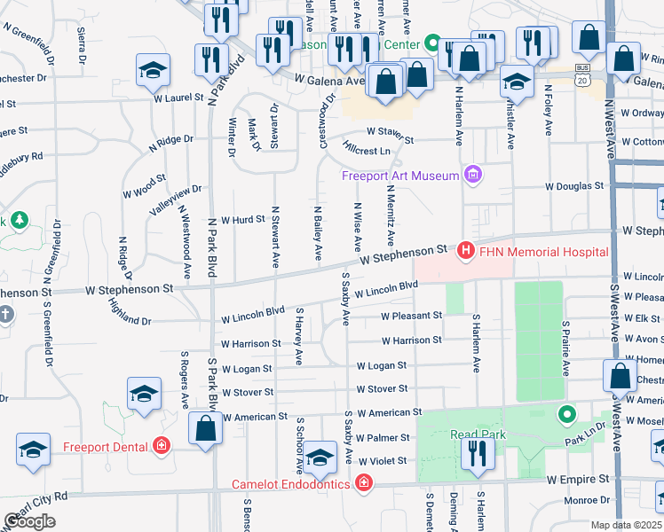 map of restaurants, bars, coffee shops, grocery stores, and more near 1326 West Stephenson Street in Freeport