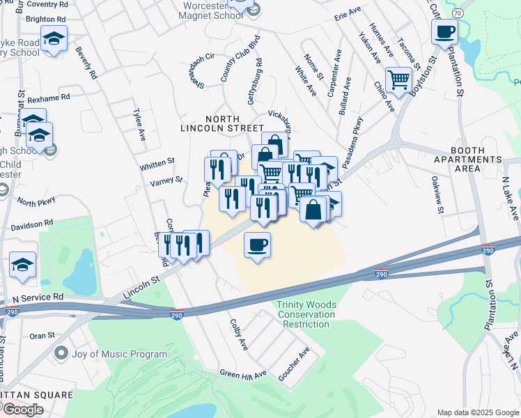 map of restaurants, bars, coffee shops, grocery stores, and more near 10 Country Club Boulevard in Worcester
