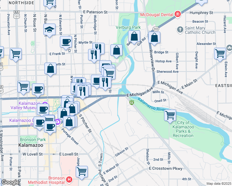 map of restaurants, bars, coffee shops, grocery stores, and more near 412 Harrison Street in Kalamazoo