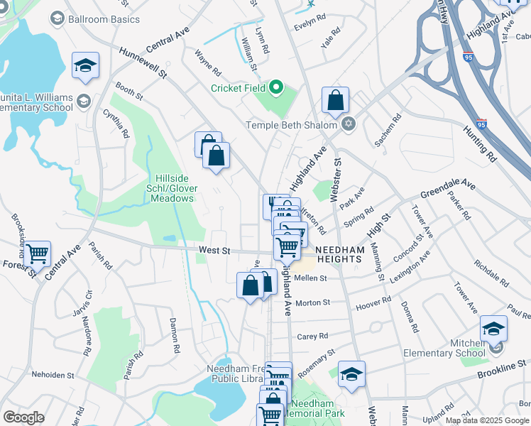 map of restaurants, bars, coffee shops, grocery stores, and more near 210 Hillside Avenue in Needham