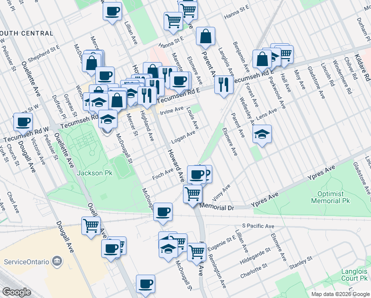 map of restaurants, bars, coffee shops, grocery stores, and more near 579 Logan Avenue in Windsor
