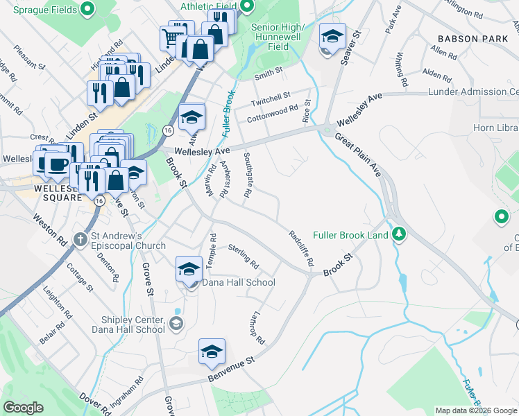 map of restaurants, bars, coffee shops, grocery stores, and more near 9 Hobart Road in Wellesley