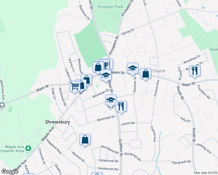 map of restaurants, bars, coffee shops, grocery stores, and more near 22 Grafton Street in Shrewsbury