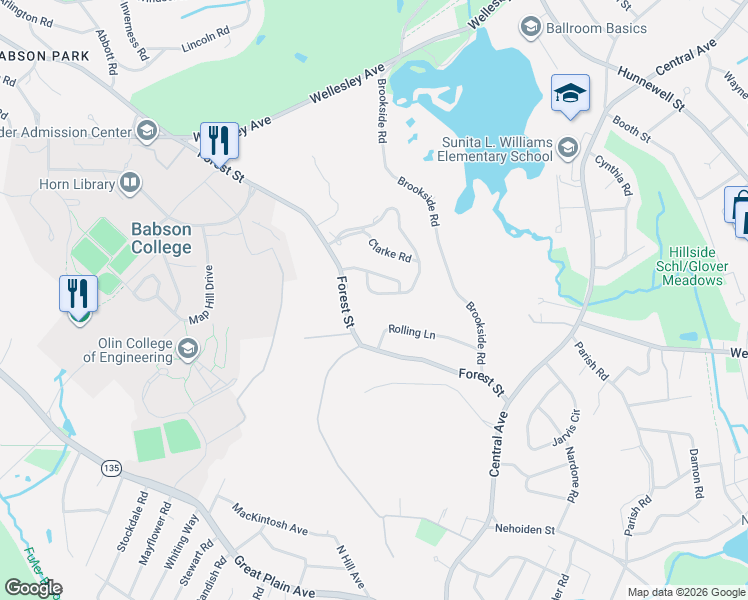 map of restaurants, bars, coffee shops, grocery stores, and more near 89 Glendale Road in Needham