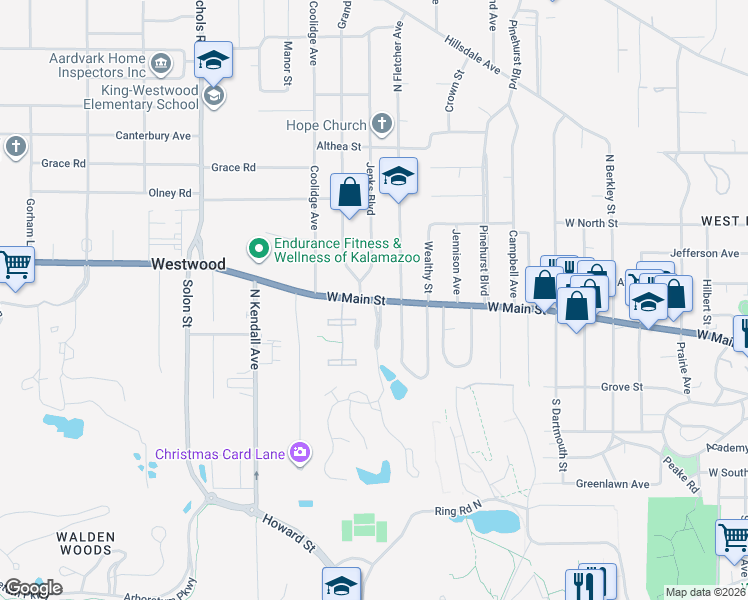 map of restaurants, bars, coffee shops, grocery stores, and more near W Main St & Lake Forest Blvd in Kalamazoo Township