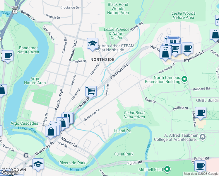 map of restaurants, bars, coffee shops, grocery stores, and more near 1562 Jones Drive in Ann Arbor