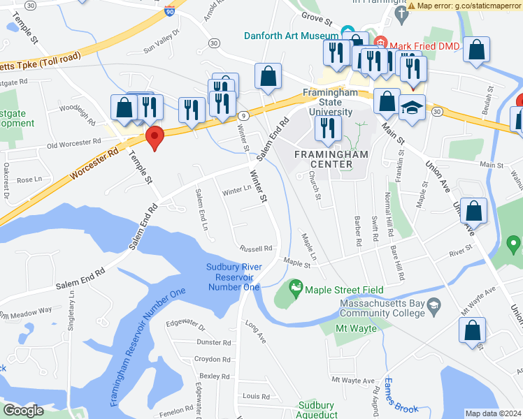 map of restaurants, bars, coffee shops, grocery stores, and more near 125 Winter Street in Framingham
