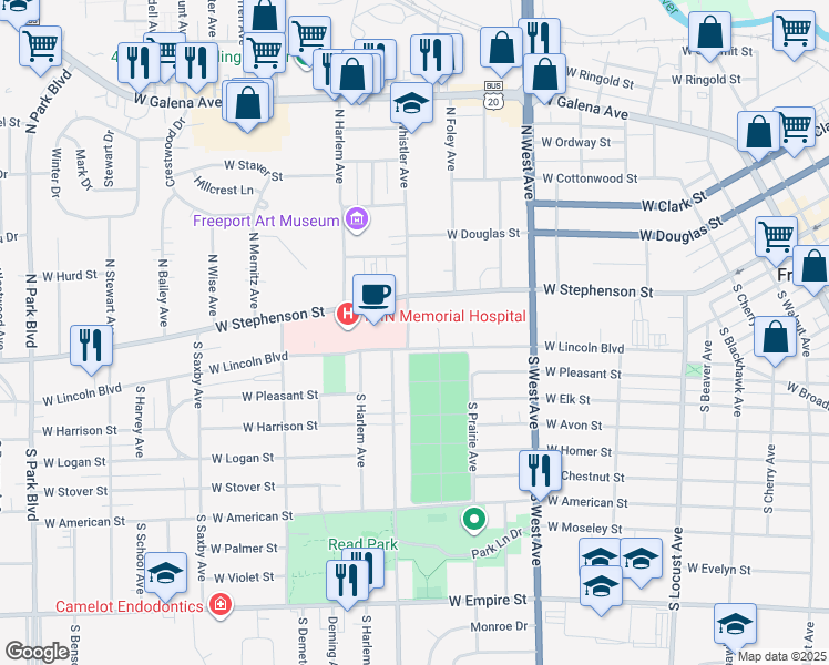 map of restaurants, bars, coffee shops, grocery stores, and more near 1005 West Stephenson Street in Freeport