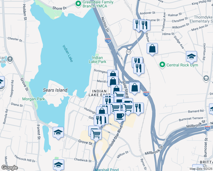 map of restaurants, bars, coffee shops, grocery stores, and more near 3 Merrill Road in Worcester