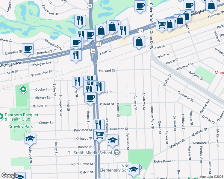 map of restaurants, bars, coffee shops, grocery stores, and more near 23865 Leland Court in Dearborn
