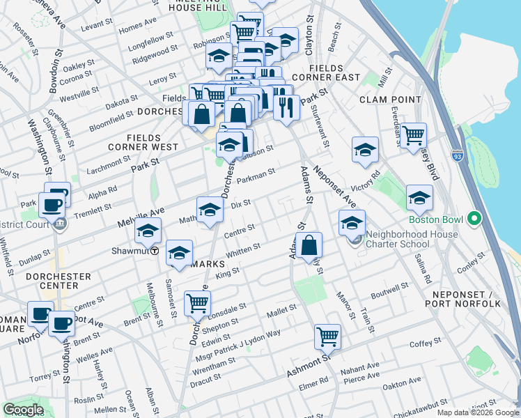 map of restaurants, bars, coffee shops, grocery stores, and more near 48 Dix Street in Boston