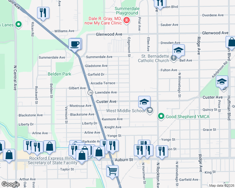 map of restaurants, bars, coffee shops, grocery stores, and more near 2120 Grenshaw Street in Rockford