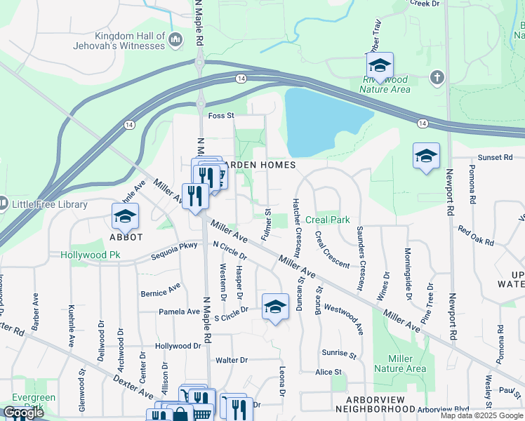 map of restaurants, bars, coffee shops, grocery stores, and more near 2255 Garden Homes Drive in Ann Arbor