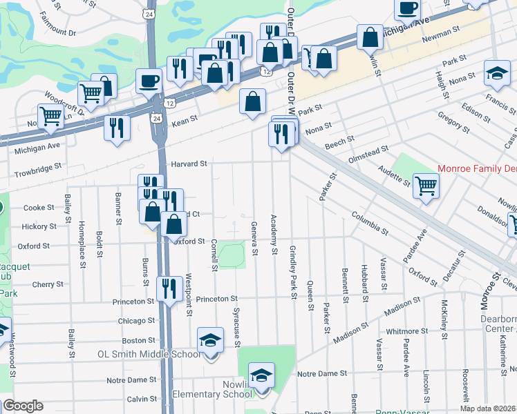 map of restaurants, bars, coffee shops, grocery stores, and more near 2121 Geneva Street in Dearborn