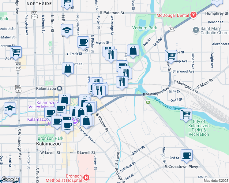 map of restaurants, bars, coffee shops, grocery stores, and more near 458-472 Walbridge St in Kalamazoo