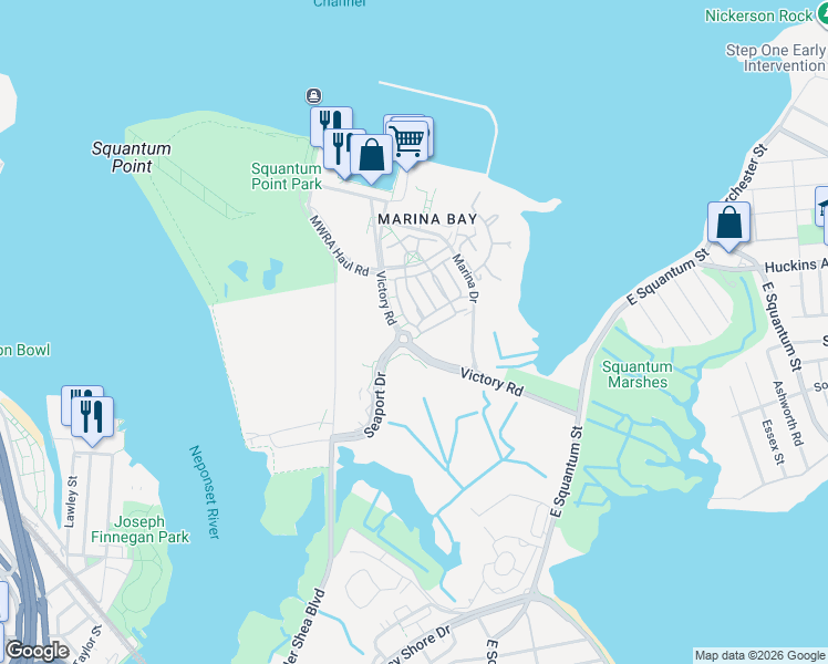 map of restaurants, bars, coffee shops, grocery stores, and more near 5 Breck Place in Quincy