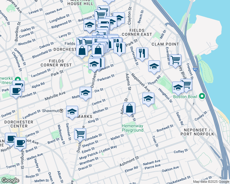 map of restaurants, bars, coffee shops, grocery stores, and more near 77 Dix Street in Boston