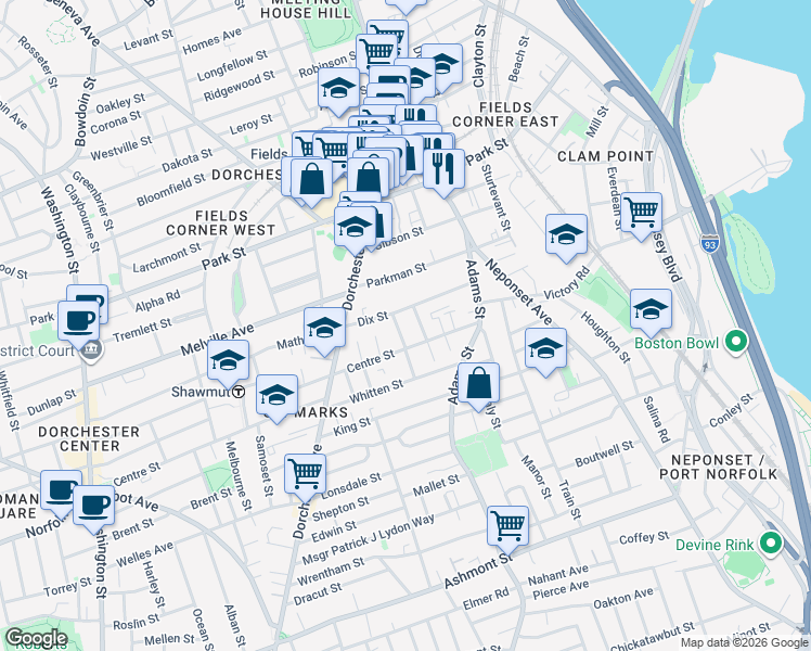 map of restaurants, bars, coffee shops, grocery stores, and more near 48 Dix Street in Boston