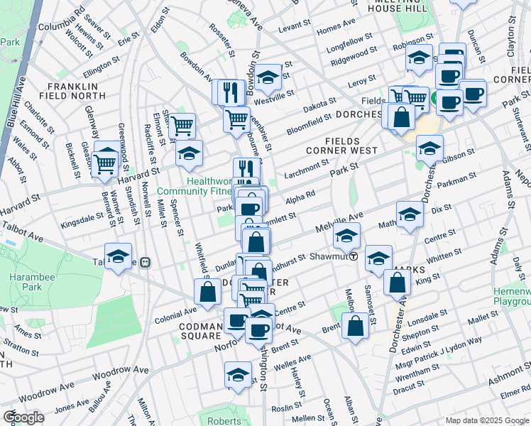 map of restaurants, bars, coffee shops, grocery stores, and more near 22 Regina Road in Boston