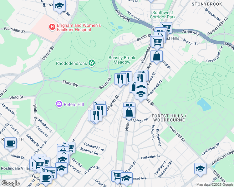 map of restaurants, bars, coffee shops, grocery stores, and more near 3895 Washington Street in Boston