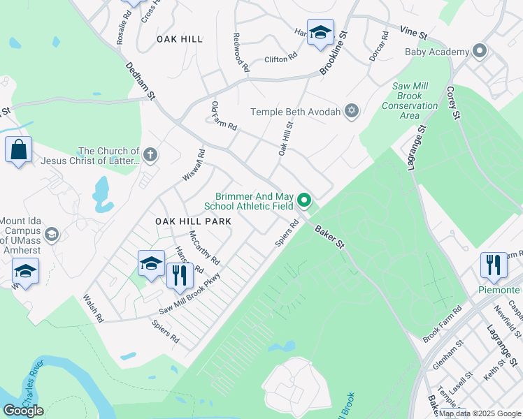 map of restaurants, bars, coffee shops, grocery stores, and more near 41 June Lane in Newton