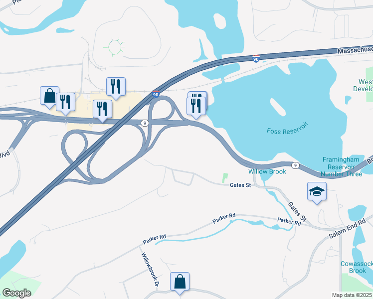 map of restaurants, bars, coffee shops, grocery stores, and more near 1630 Worcester Road in Framingham