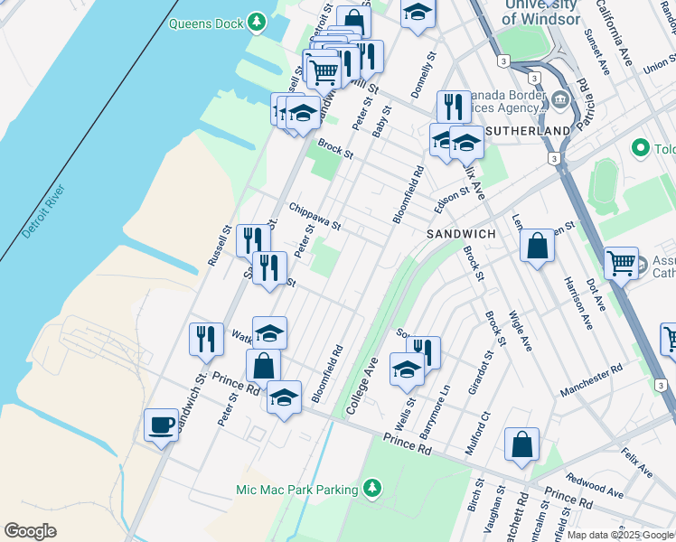 map of restaurants, bars, coffee shops, grocery stores, and more near in Windsor