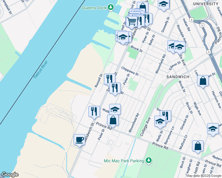 map of restaurants, bars, coffee shops, grocery stores, and more near 3483 Sandwich Street in Windsor