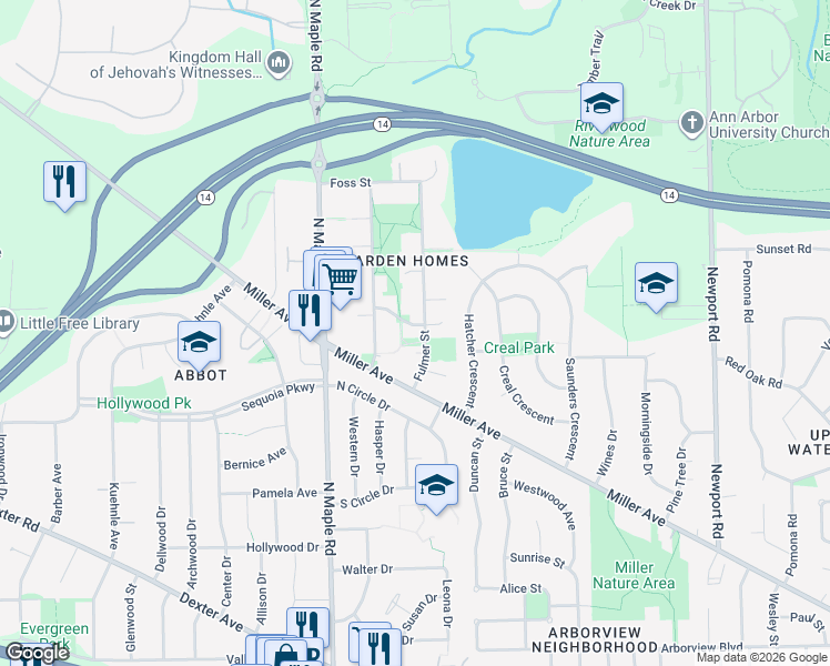 map of restaurants, bars, coffee shops, grocery stores, and more near 2255 Garden Homes Drive in Ann Arbor
