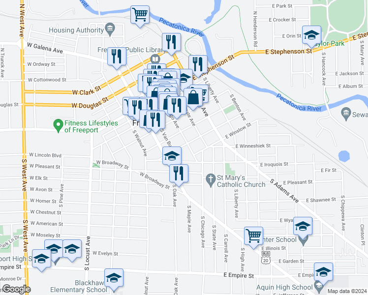 map of restaurants, bars, coffee shops, grocery stores, and more near 313 South Chicago Avenue in Freeport