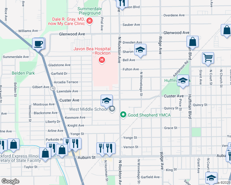 map of restaurants, bars, coffee shops, grocery stores, and more near 2202 North Rockton Avenue in Rockford