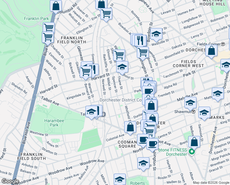 map of restaurants, bars, coffee shops, grocery stores, and more near 8 Thane Street in Boston
