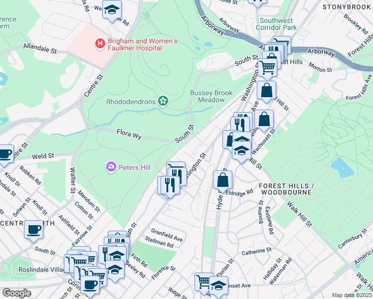 map of restaurants, bars, coffee shops, grocery stores, and more near 384-386 South Street in Boston