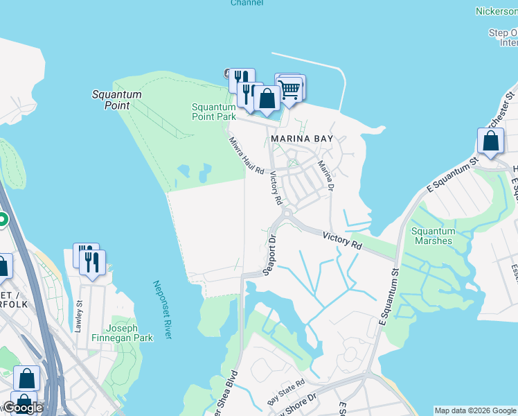 map of restaurants, bars, coffee shops, grocery stores, and more near 223 Victory Road in Quincy