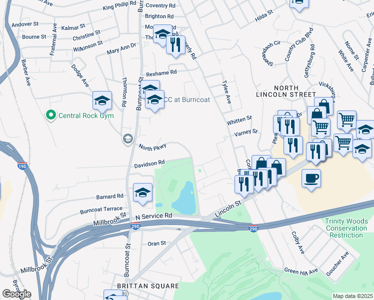 map of restaurants, bars, coffee shops, grocery stores, and more near 100 North Worcester Avenue in Worcester